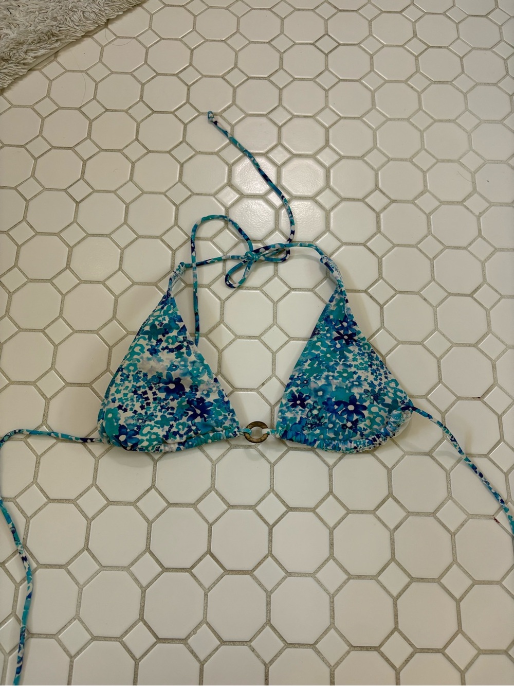 Blue Floral Triangle Bikini Top